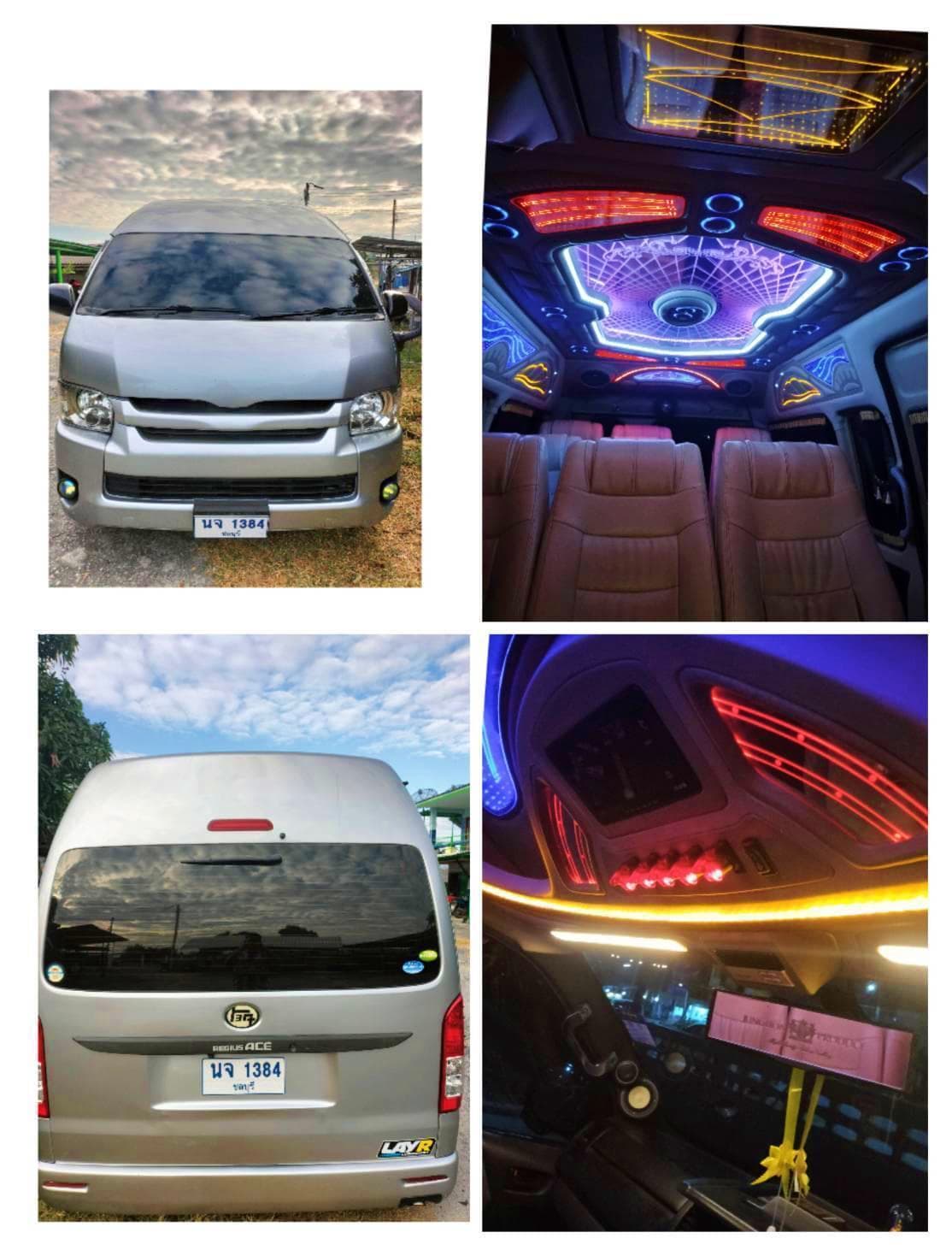 Hua Hin to Pattaya Hotel Transfers White minivan with neon interior lighting and custom dashboard display showing purple geometric patterns and red accents